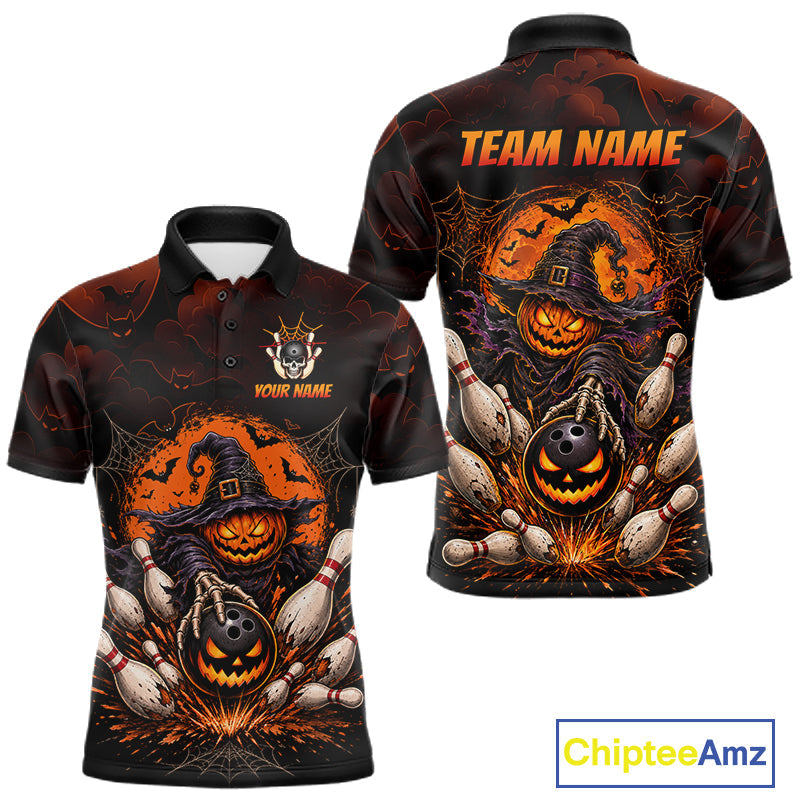 Custom Halloween Bowling Shirt, Personalized Team Name Pumpkin Bowling Polo, Halloween Gift