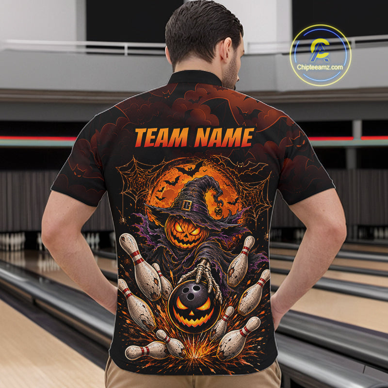 Custom Halloween Bowling Shirt, Personalized Team Name Pumpkin Bowling Polo, Halloween Gift