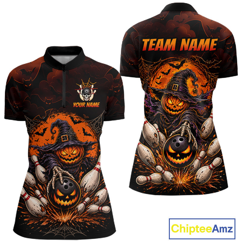 Custom Halloween Bowling Shirt, Personalized Team Name Pumpkin Bowling Polo, Halloween Gift