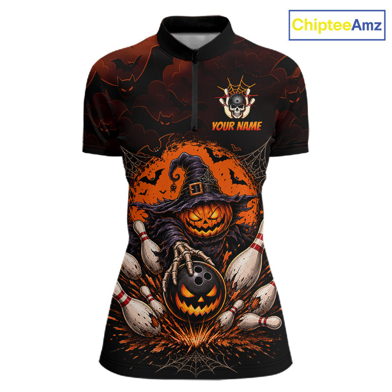 Custom Halloween Bowling Shirt, Personalized Team Name Pumpkin Bowling Polo, Halloween Gift