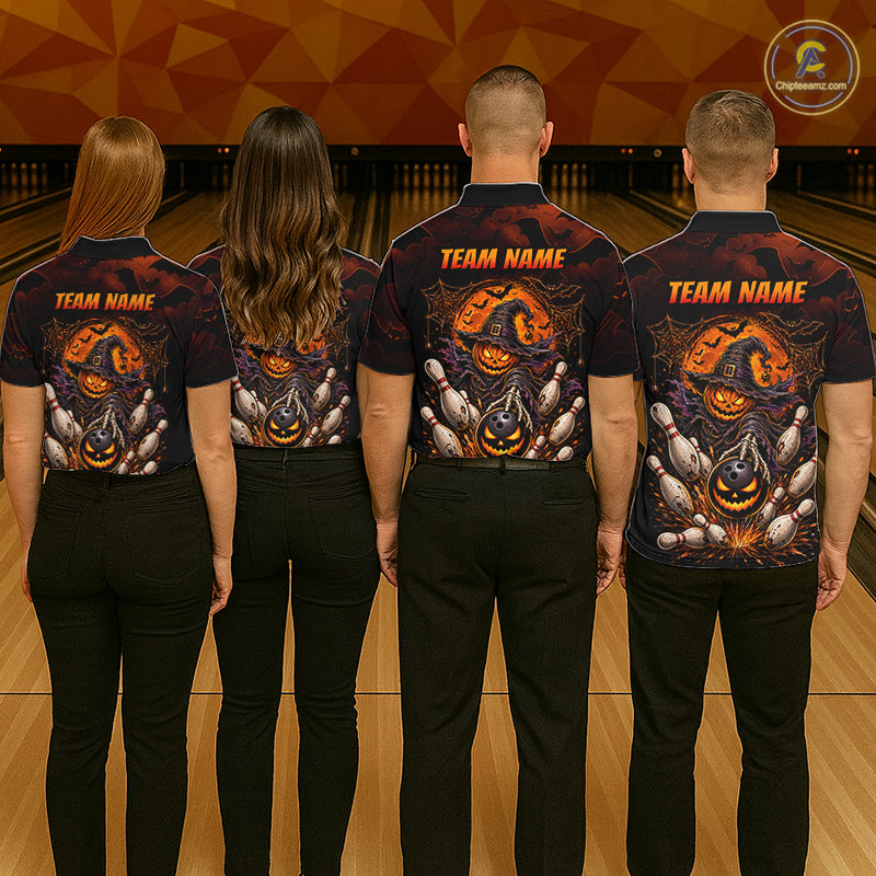 Custom Halloween Bowling Shirt, Personalized Team Name Pumpkin Bowling Polo, Halloween Gift