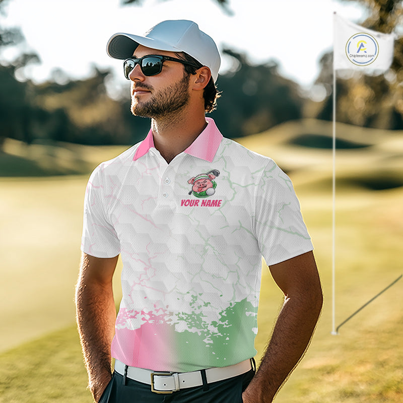Personalized Funny Pig Pink Golf Shirt, Custom Golf Team Polo, Pig Golfer Shirt