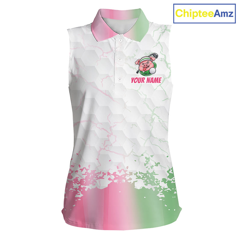Personalized Sleeveless Funny Pig Pink Golf Shirt, Custom Golf Team Polo, Pig Golfer Shirt