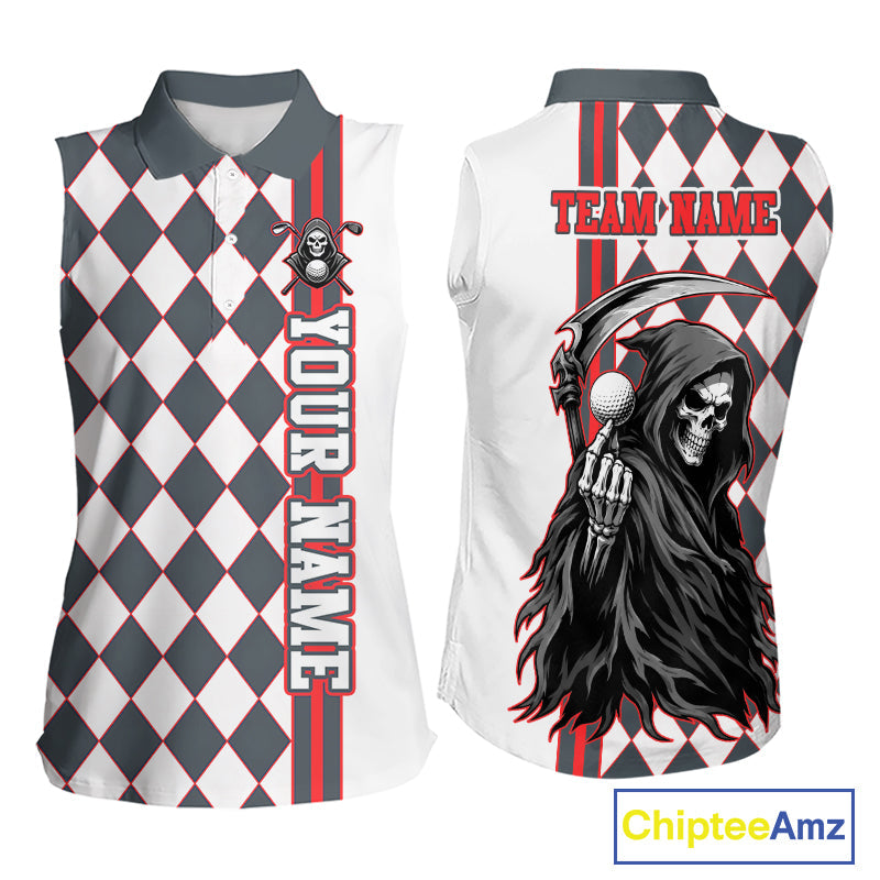 Personalized Skeleton Golf Polo Shirt Sleeveless - Funny Grim Reaper Golf Team Polo