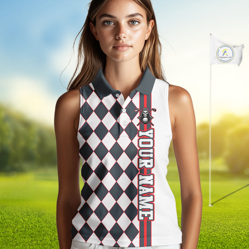 Personalized Skeleton Golf Polo Shirt Sleeveless - Funny Grim Reaper Golf Team Polo