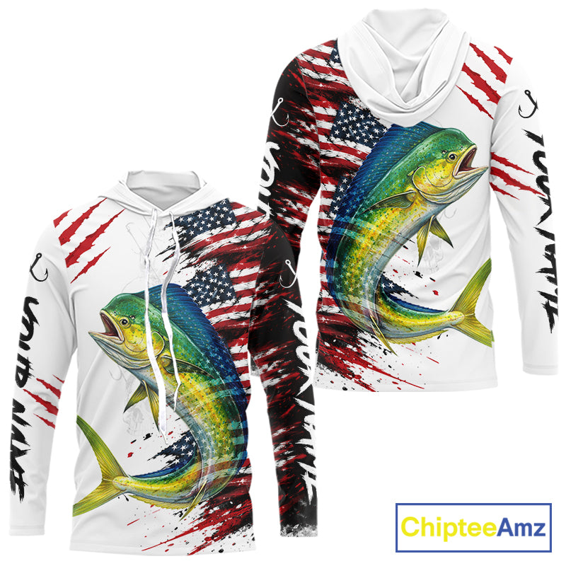 Mahi Mahi Fishing Jersey Design American Flag Long Sleeve Hooded Fishing Shirt