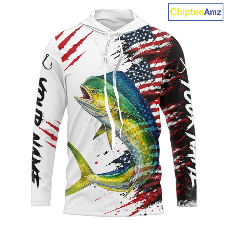 Mahi Mahi Fishing Jersey Design American Flag Long Sleeve Hooded Fishing Shirt