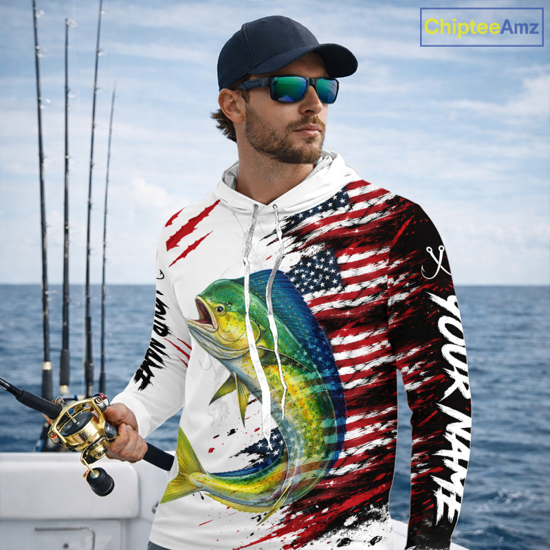 Mahi Mahi Fishing Jersey Design American Flag Long Sleeve Hooded Fishing Shirt