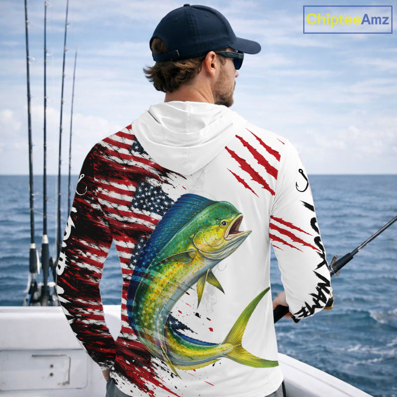 Mahi Mahi Fishing Jersey Design American Flag Long Sleeve Hooded Fishing Shirt