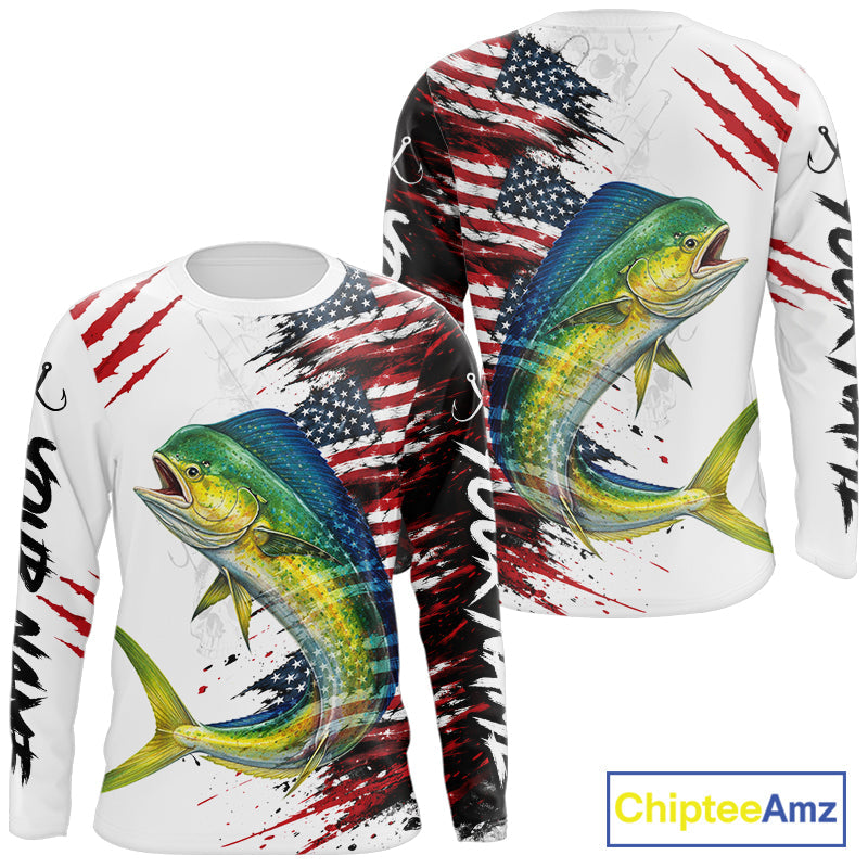 Mahi Mahi Fishing Jersey Design American Flag Long Sleeve Fishing Shirt