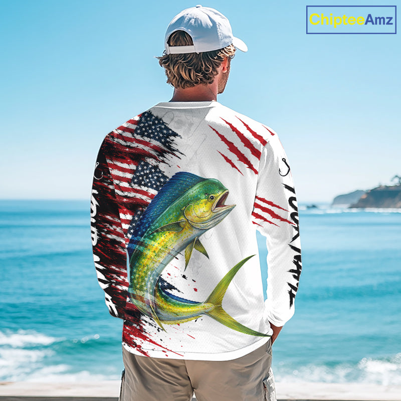 Mahi Mahi Fishing Jersey Design American Flag Long Sleeve Fishing Shirt