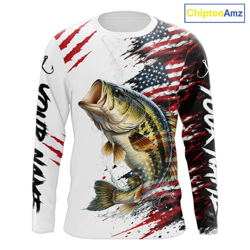 Largemouth Bass Fishing Jersey Design American Flag Long Sleeve Fishing Shirt