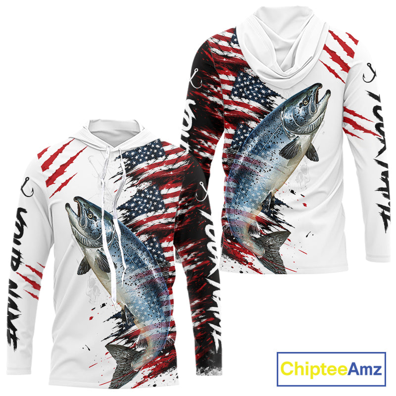 Chinook Salmon Fishing Jersey Design American Flag Long Sleeve Hooded Fishing Shirt