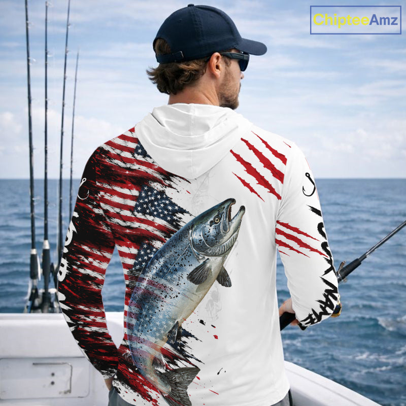 Chinook Salmon Fishing Jersey Design American Flag Long Sleeve Hooded Fishing Shirt