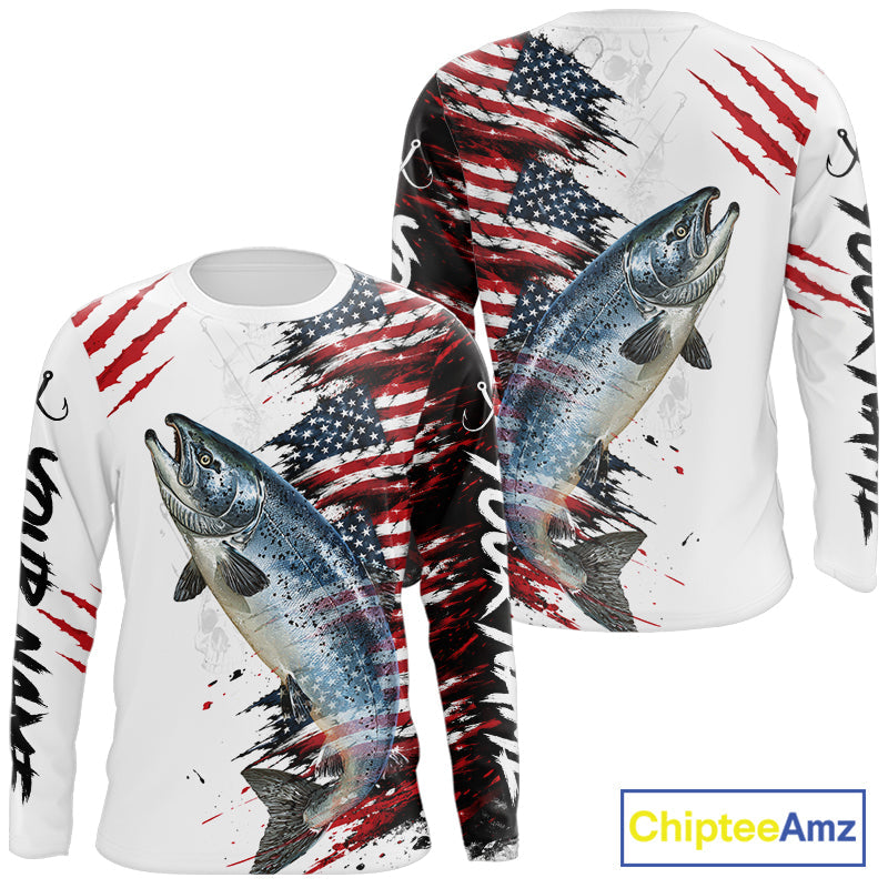 Chinook Salmon Fishing Jersey Design American Flag Long Sleeve Fishing Shirt