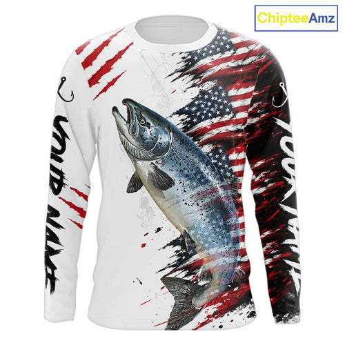 Chinook Salmon Fishing Jersey Design American Flag Long Sleeve Fishing Shirt