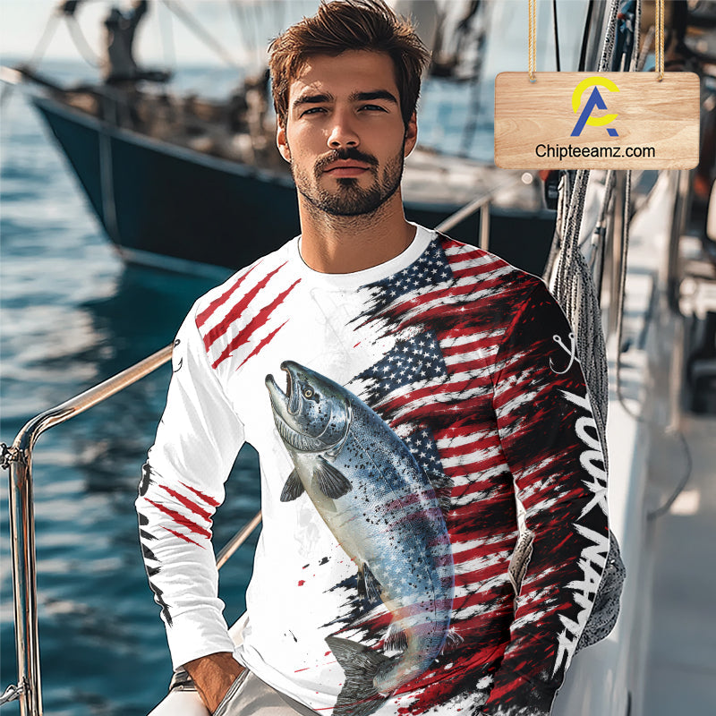 Chinook Salmon Fishing Jersey Design American Flag Long Sleeve Fishing Shirt