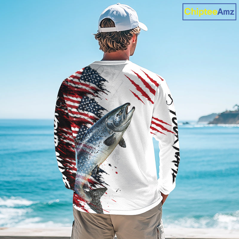 Chinook Salmon Fishing Jersey Design American Flag Long Sleeve Fishing Shirt