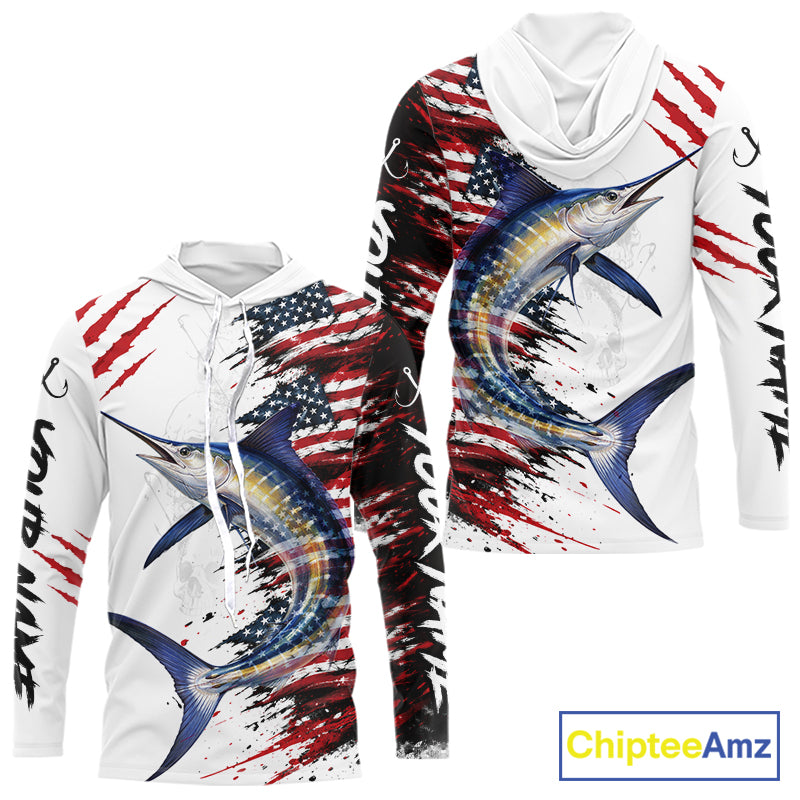 Marlin Fishing Jersey Design American Flag Long Sleeve Hooded Fishing Shirt