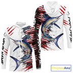 Marlin Fishing Jersey Design American Flag Long Sleeve Hooded Fishing Shirt