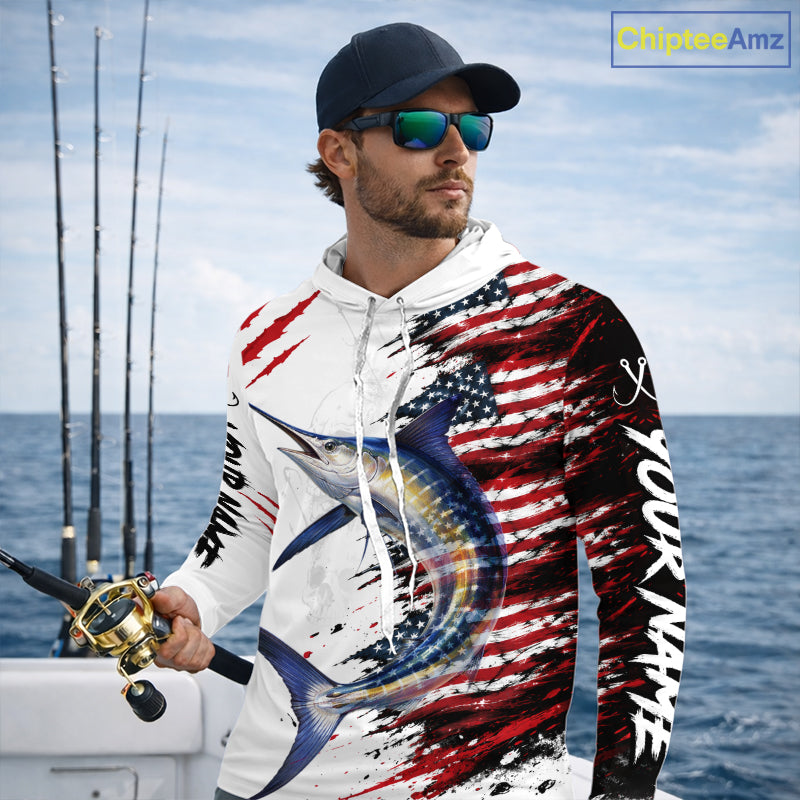 Marlin Fishing Jersey Design American Flag Long Sleeve Hooded Fishing Shirt