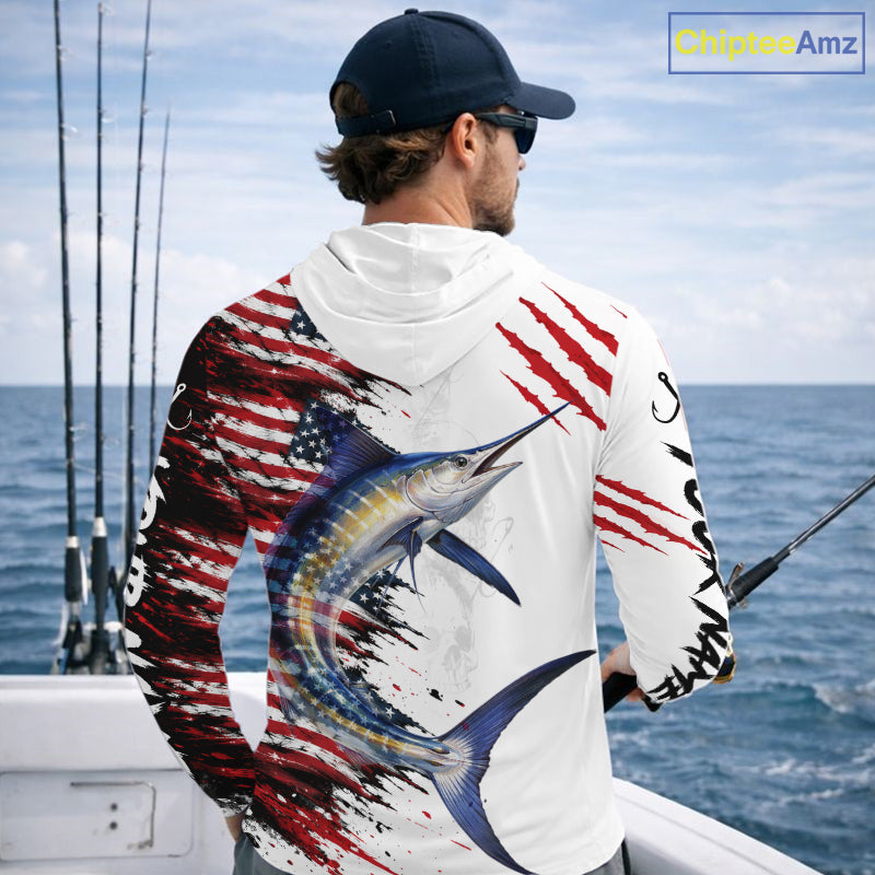 Marlin Fishing Jersey Design American Flag Long Sleeve Hooded Fishing Shirt