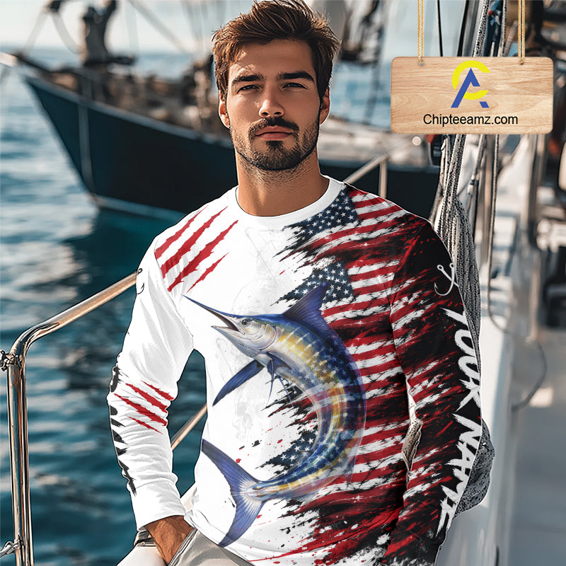 Marlin Fishing Jersey Design American Flag Long Sleeve Fishing Shirt