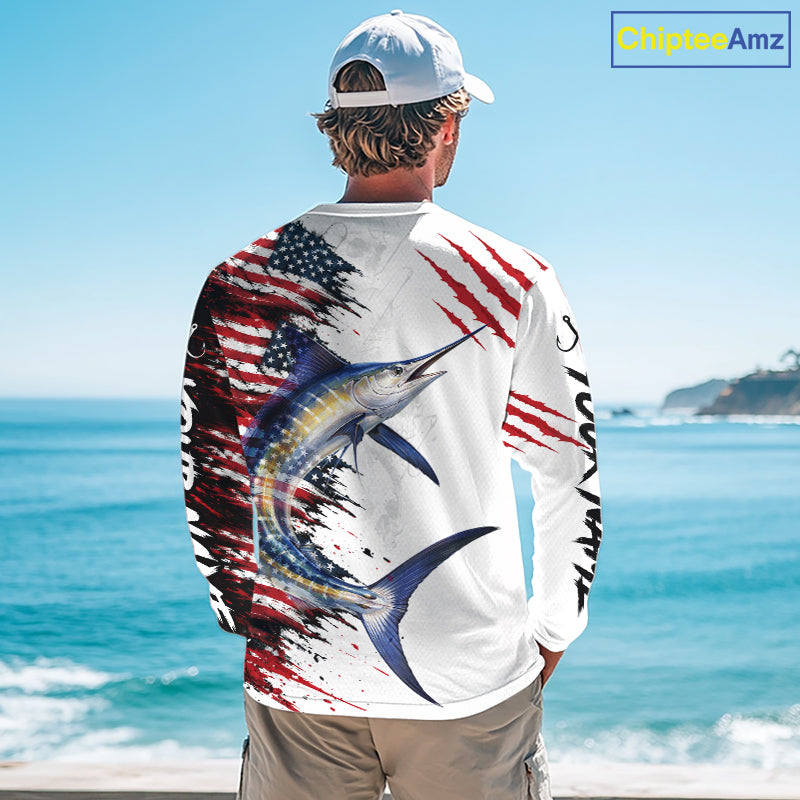Marlin Fishing Jersey Design American Flag Long Sleeve Fishing Shirt