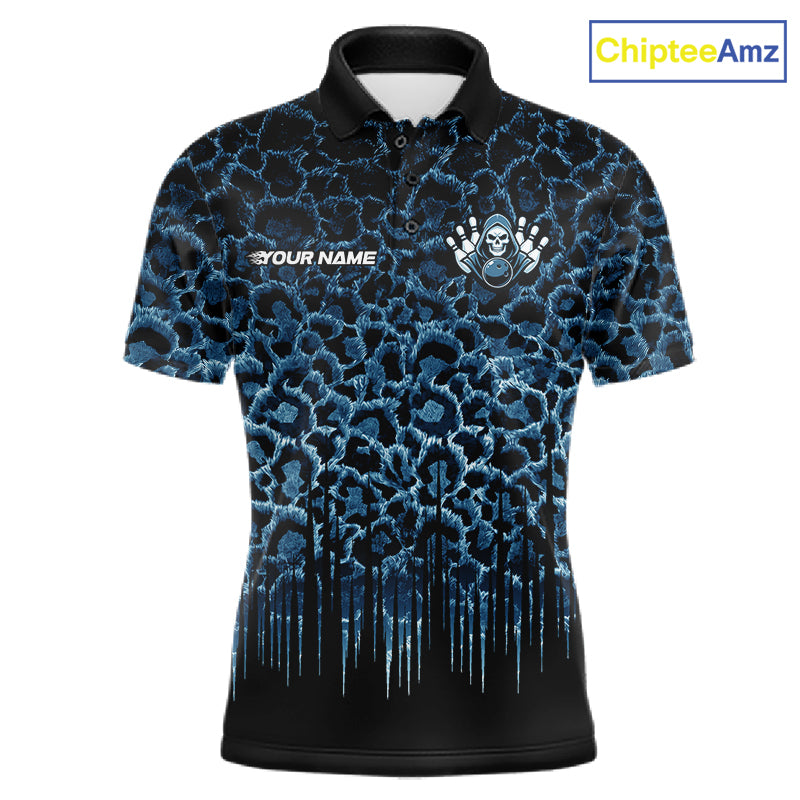 Personalized Blue Fire Skull Bowling Polo Shirt & Quarter Zip With Custom Team Name