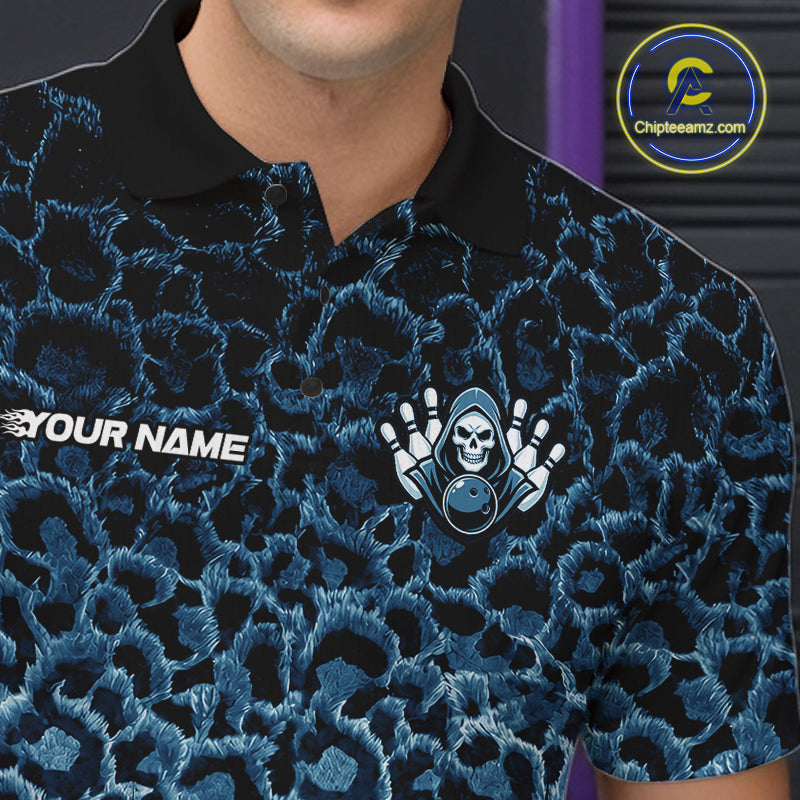 Personalized Blue Fire Skull Bowling Polo Shirt & Quarter Zip With Custom Team Name