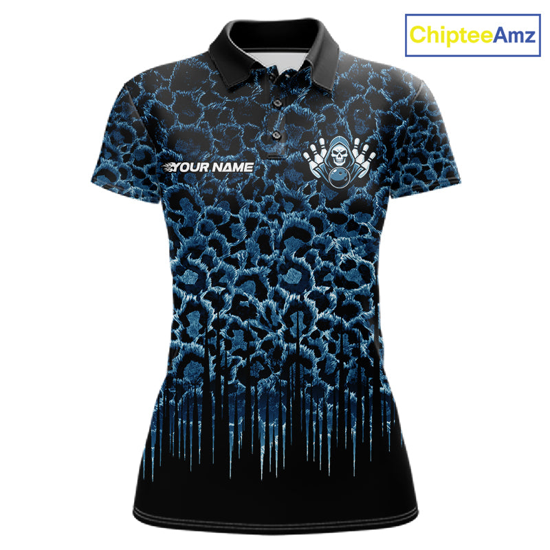 Personalized Blue Fire Skull Bowling Polo Shirt & Quarter Zip With Custom Team Name