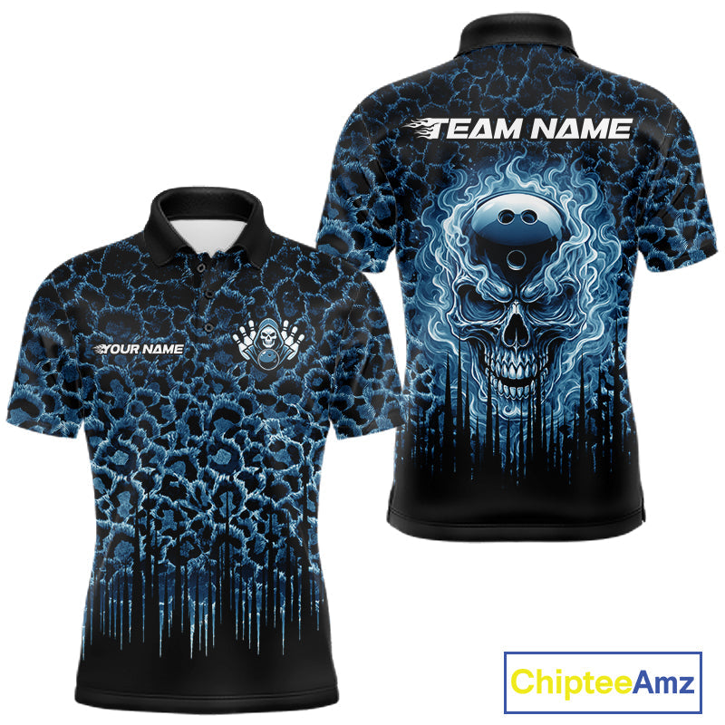 Personalized Blue Fire Skull Bowling Polo Shirt & Quarter Zip With Custom Team Name