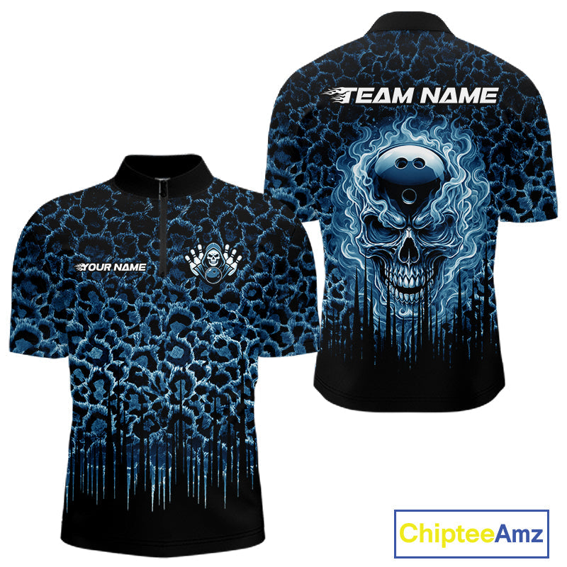 Personalized Blue Fire Skull Bowling Polo Shirt & Quarter Zip With Custom Team Name