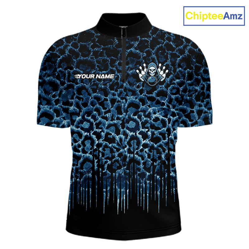 Personalized Blue Fire Skull Bowling Polo Shirt & Quarter Zip With Custom Team Name