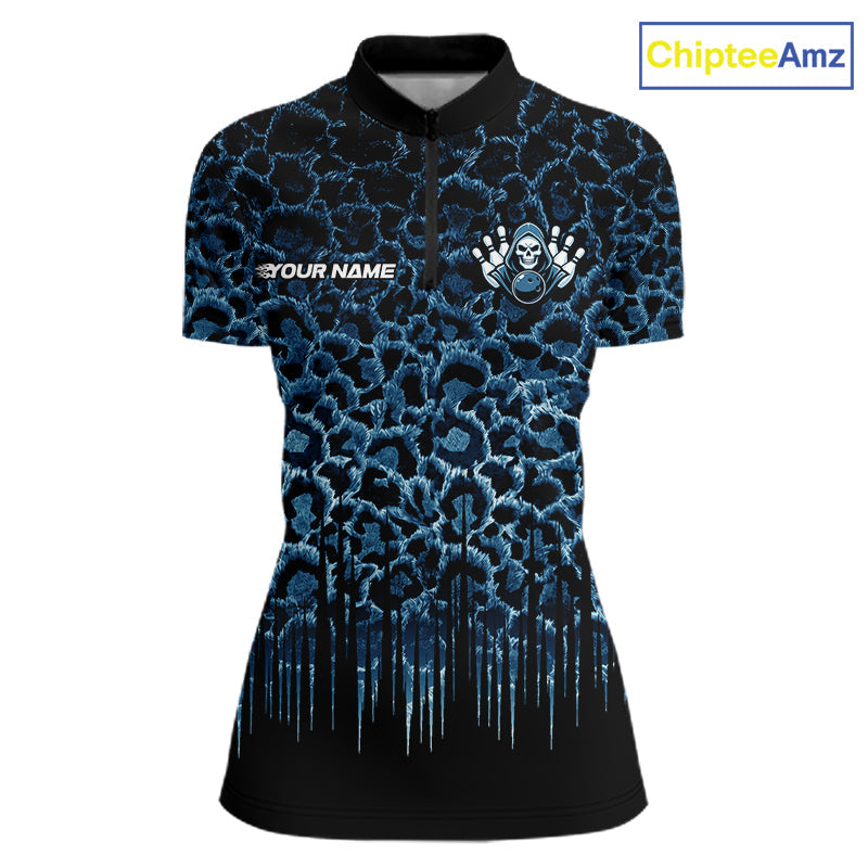 Personalized Blue Fire Skull Bowling Polo Shirt & Quarter Zip With Custom Team Name