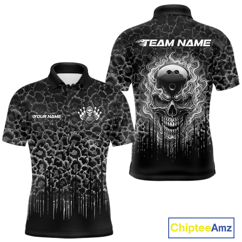 Personalized Black Fire Skull Bowling Polo Shirt & Quarter Zip With Custom Team Name