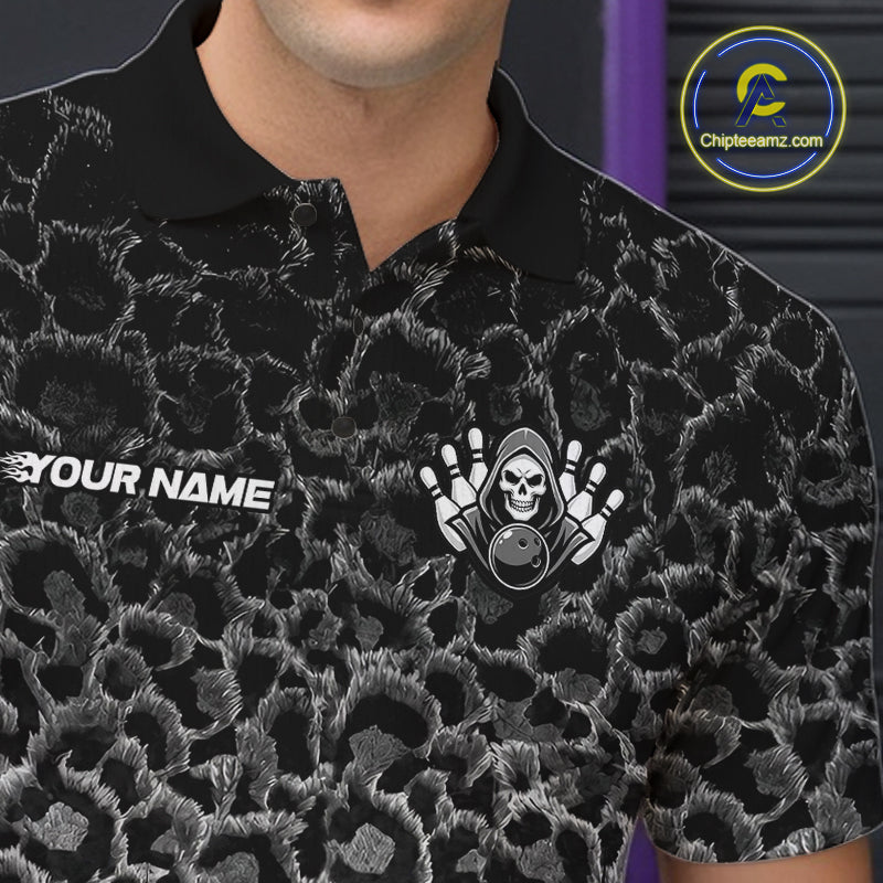 Personalized Black Fire Skull Bowling Polo Shirt & Quarter Zip With Custom Team Name