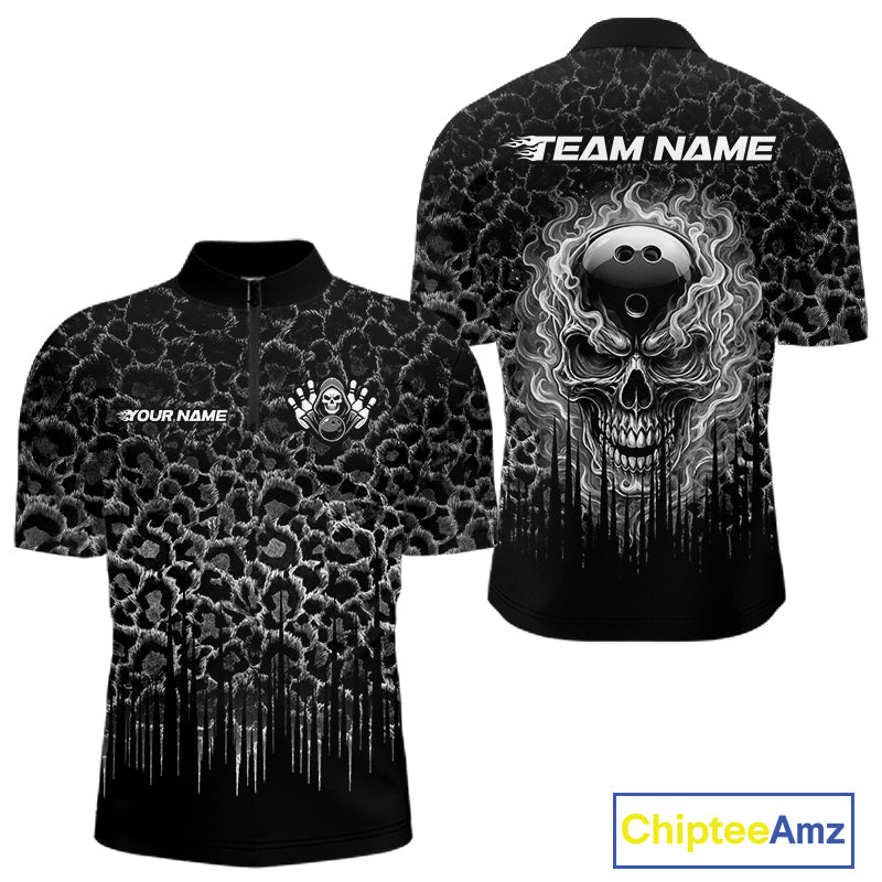 Personalized Black Fire Skull Bowling Polo Shirt & Quarter Zip With Custom Team Name