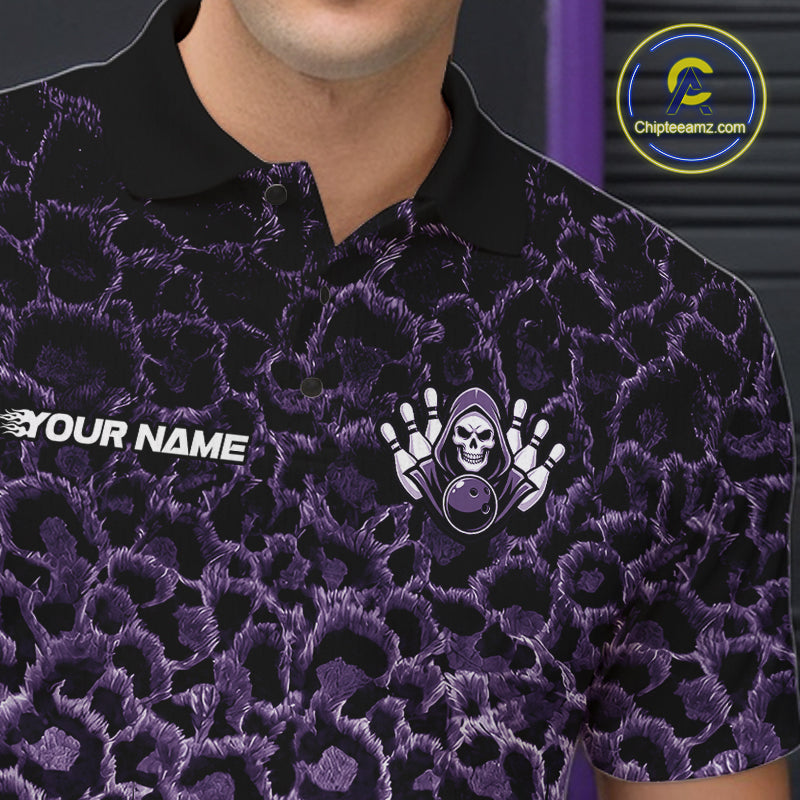 Personalized Purple Fire Skull Bowling Polo Shirt & Quarter Zip With Custom Team Name