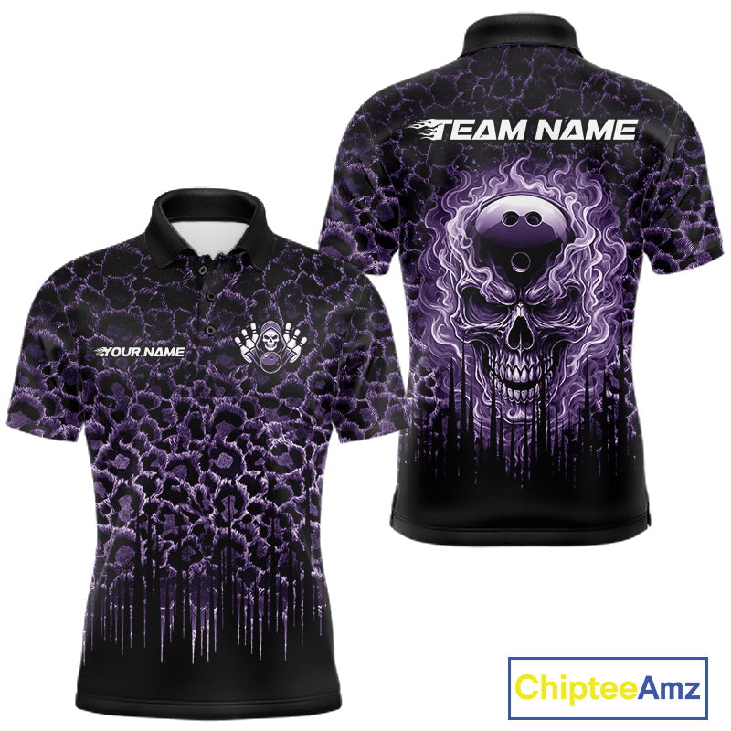 Personalized Purple Fire Skull Bowling Polo Shirt & Quarter Zip With Custom Team Name