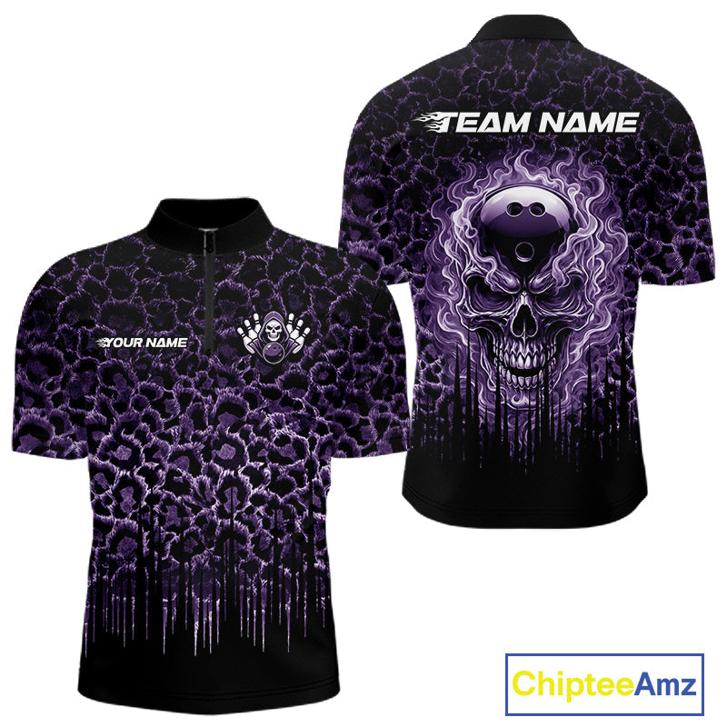 Personalized Purple Fire Skull Bowling Polo Shirt & Quarter Zip With Custom Team Name