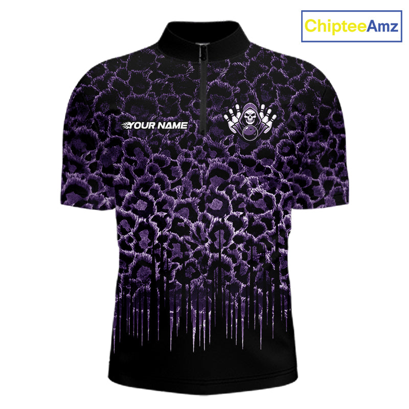 Personalized Purple Fire Skull Bowling Polo Shirt & Quarter Zip With Custom Team Name