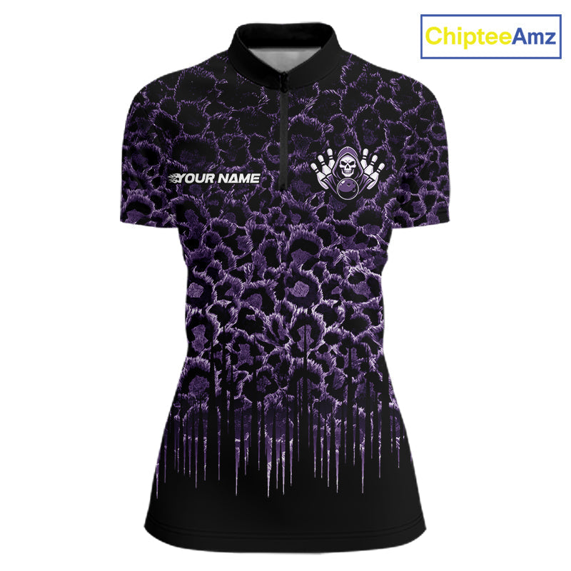 Personalized Purple Fire Skull Bowling Polo Shirt & Quarter Zip With Custom Team Name