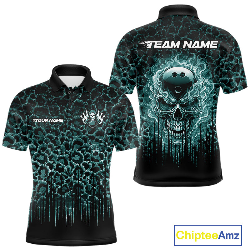 Personalized Green Fire Skull Bowling Polo Shirt & Quarter Zip With Custom Team Name