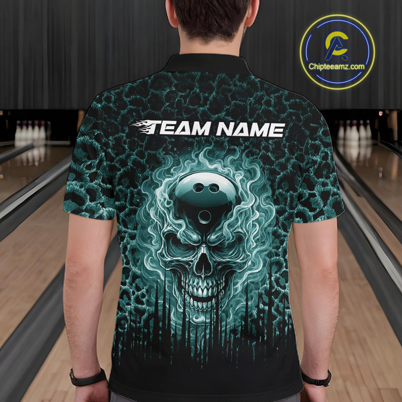 Personalized Green Fire Skull Bowling Polo Shirt & Quarter Zip With Custom Team Name