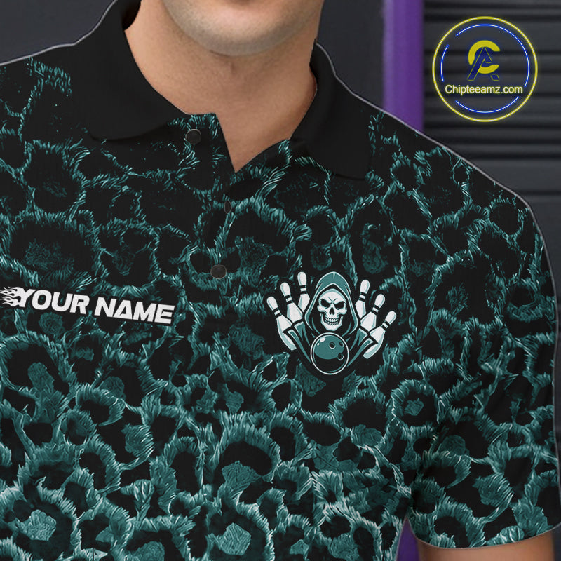 Personalized Green Fire Skull Bowling Polo Shirt & Quarter Zip With Custom Team Name
