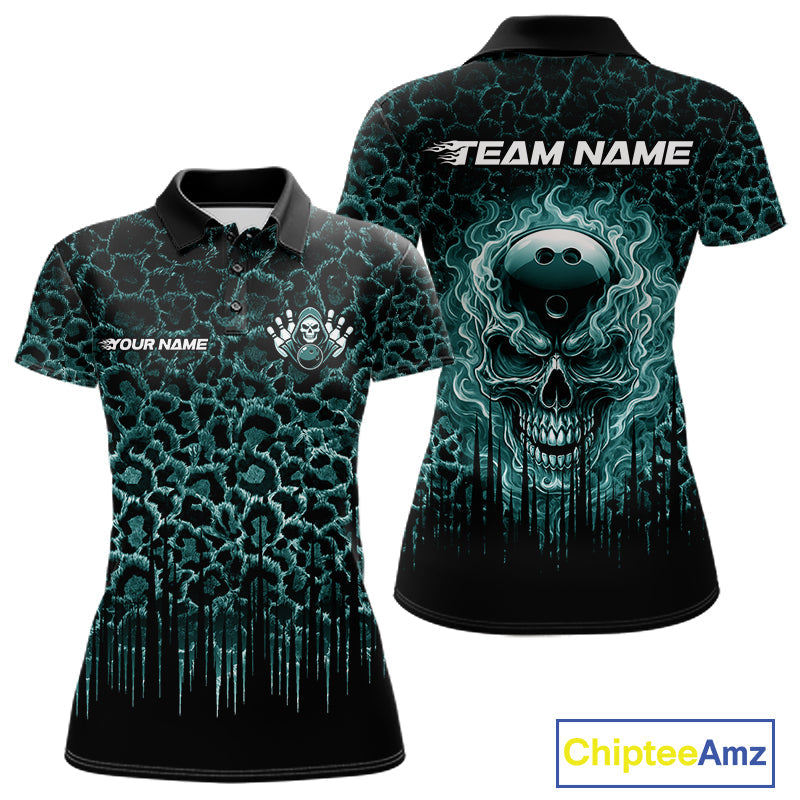Personalized Green Fire Skull Bowling Polo Shirt & Quarter Zip With Custom Team Name