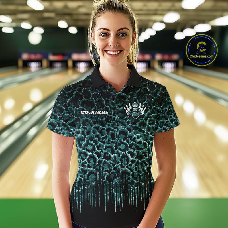 Personalized Green Fire Skull Bowling Polo Shirt & Quarter Zip With Custom Team Name