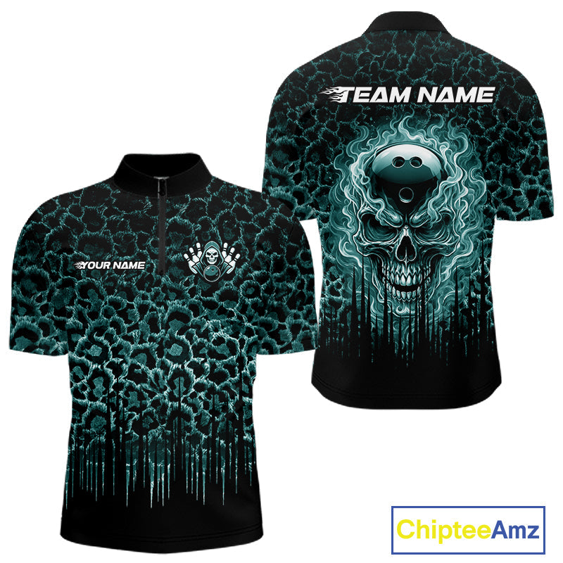 Personalized Green Fire Skull Bowling Polo Shirt & Quarter Zip With Custom Team Name
