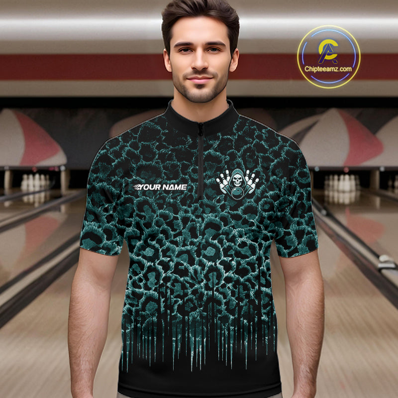 Personalized Green Fire Skull Bowling Polo Shirt & Quarter Zip With Custom Team Name